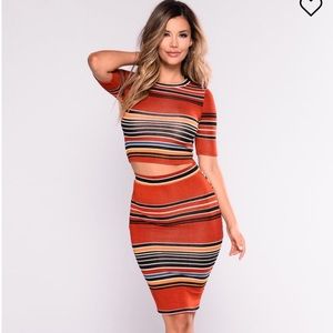 rust mustard striped skirt crop shirt set serape S